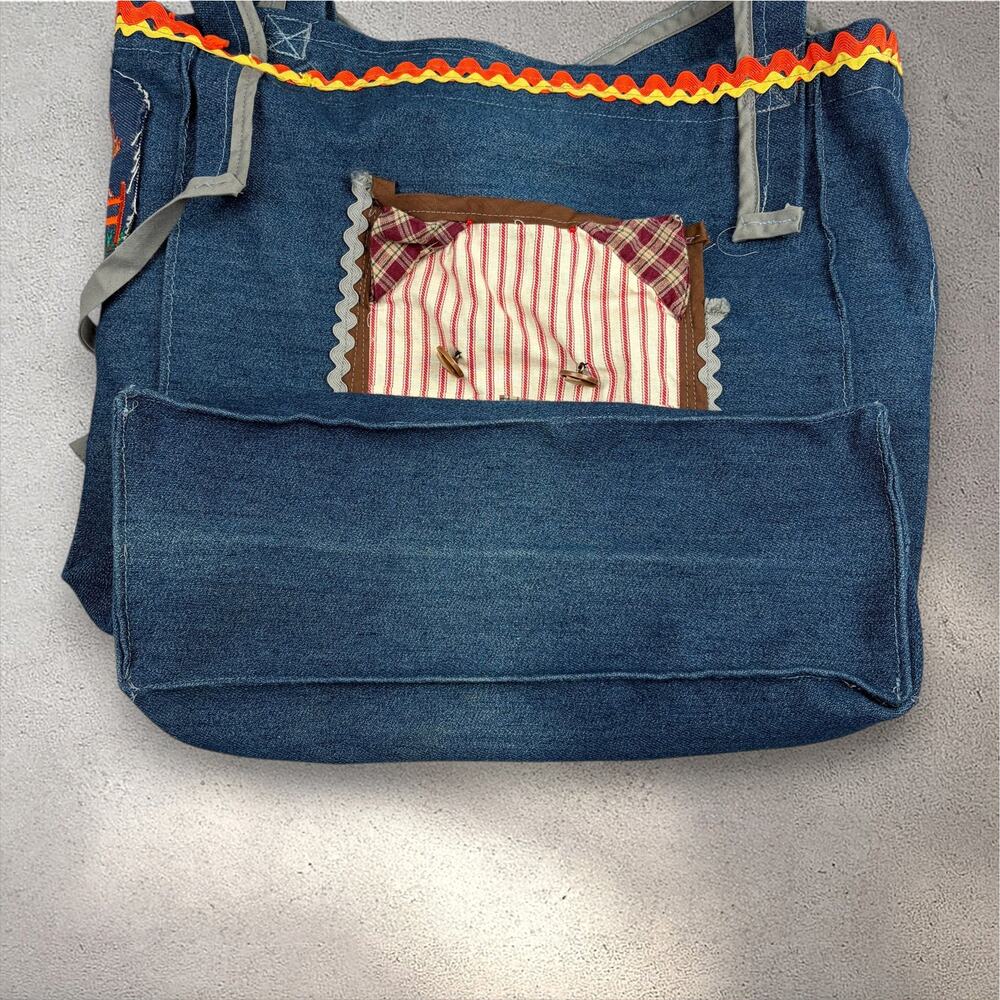 2000s Handmade Patchwork Denim Tote Bag Cottagecore Autumn Whimsy Thanksgiving - Picture 6 of 13